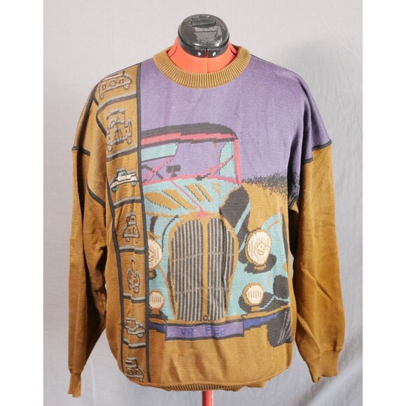 Vintage Vittorio Rocchetti 90s Sweater L Men's Brown Graphic 100% Cotton - Picture 1 of 16